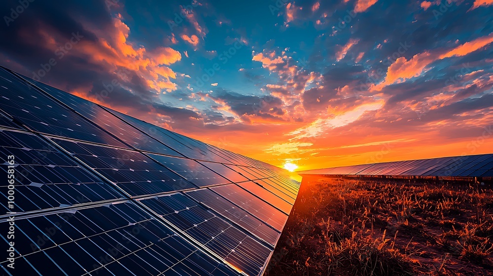 Solar panels capture the sun s fading rays, harvesting renewable energy ...