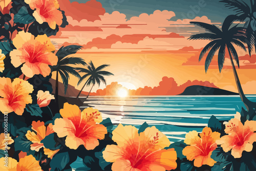 hibiscus beach sunset hawaii illustration