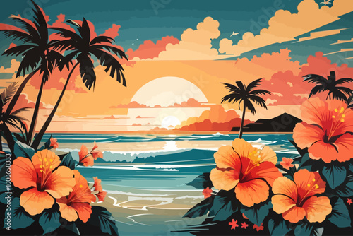 hibiscus beach sunset hawaii illustration