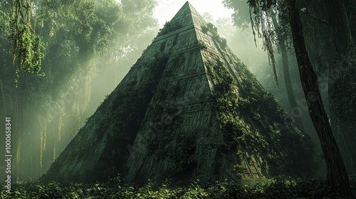 A moss-covered pyramid rises in a dense, misty jungle, showcasing ancient architecture intertwined with nature.