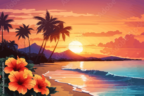hibiscus beach sunset hawaii illustration