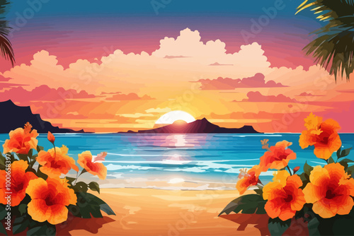 hibiscus beach sunset hawaii illustration