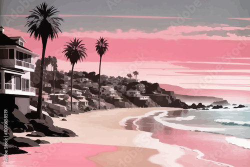 Laguna Beach style of a noir novel bookcover in pink and black