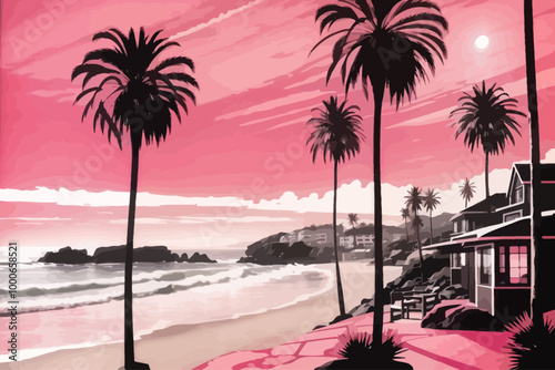Laguna Beach style of a noir novel bookcover in pink and black