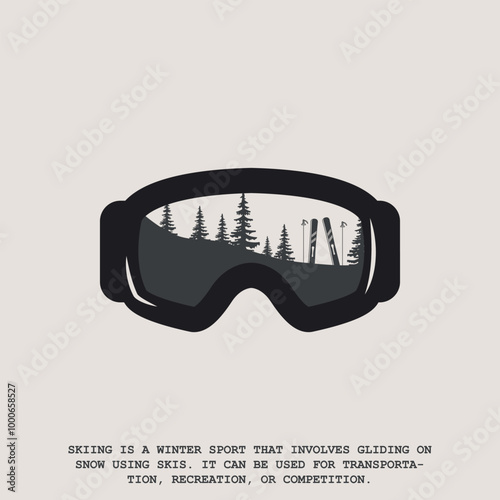  ski goggles protective mask with mountains landscape reflection. logo vintage Vector illustration with text for sign and symbol