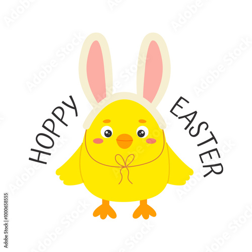 Cute yellow chick character with bunny ears on white background. Hoppy Easter phrase hand drawn lettering. Flat vector illustration. Concept for Easter