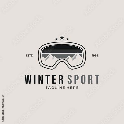 goggles ski protection mask logo line art with reflection of mountains vector vintage illustration, sign and symbol