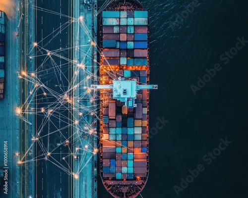 Cargo ship unloading at a port, with digital network lines showing connections to global destinations, emphasizing the modern global shipping industry 