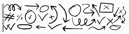 Charcoal hand-drawn pencil arrows, abstract scribbles, squiggles, and Hand-drawn doodle symbols for sketchy diagrams. Direction pointers, a group of chalked arrows. vector illustration.