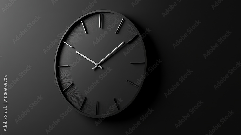 A sleek, minimalistic black wall clock against a dark background, emphasizing modern design and elegance. A sleek, minimalistic black wall clock against a dark background, emphasizing modern design and elegance.