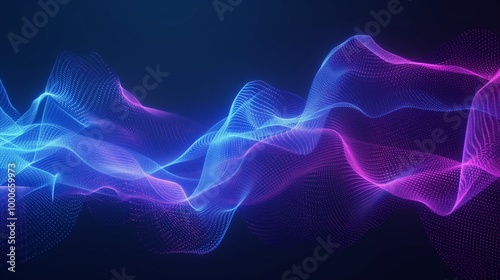 A vibrant, abstract wave pattern of blue and pink hues against a dark background, resembling digital sound or light waves with sparkling particles.