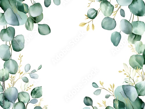 Watercolor eucalyptus garland frame isolated on a white background, a wedding decoration design with green leaves and yellow flowers.