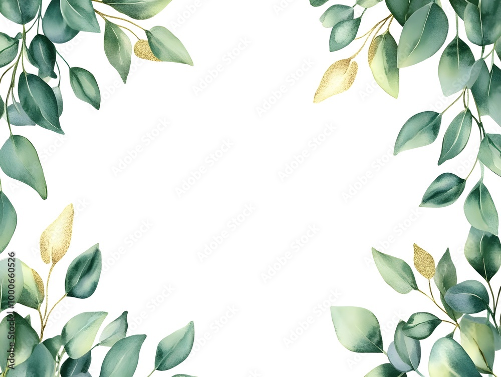 Watercolor eucalyptus garland frame isolated on a white background, a wedding decoration design with green leaves and yellow flowers. Watercolor eucalyptus garland frame isolated on a white background, a wedding decoration design with green leaves and yellow flowers.