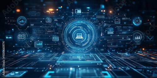 Payroll technology concept, integrated smart solutions for efficient employee compensation management, modern interfaces with icons representing automation, analytics, compliance,support,Generative AI