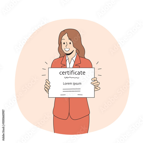 Business woman holds certificate confirming completion of professional courses and additional education. Smiling girl rejoices at receiving certificate after passing business training