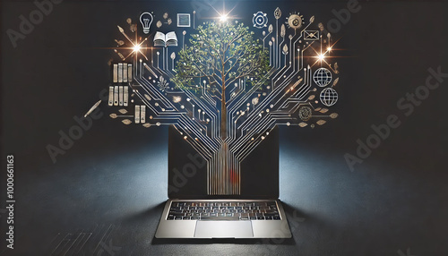 A unique and imaginative top-down view of a laptop with a tree growing out of the keyboard, symbolizing the convergence of nature and technology. The tree’s branches spread outward, but instead of tra