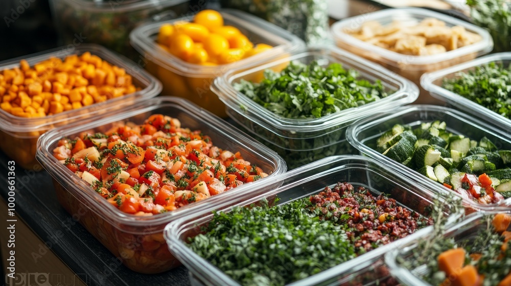 A variety of vegetables and fruits are displayed in clear plastic containers. Concept of abundance and freshness, as the different types of produce are arranged in neat rows A variety of vegetables and fruits are displayed in clear plastic containers. Concept of abundance and freshness, as the different types of produce are arranged in neat rows