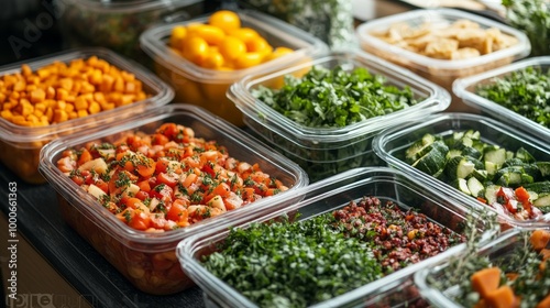 A variety of vegetables and fruits are displayed in clear plastic containers. Concept of abundance and freshness, as the different types of produce are arranged in neat rows