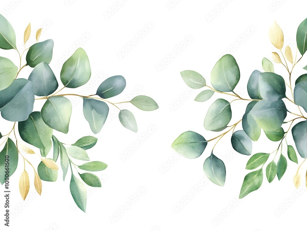 Naklejka premium Watercolor eucalyptus garland frame isolated on a white background, a wedding decoration design with green leaves and yellow flowers.