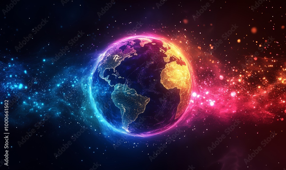 Obraz premium Vibrant and colorful illustration of the Earth with a glowing, neon-like effect, symbolizing global connectivity, digital innovation, and creative representation of, Generative AI