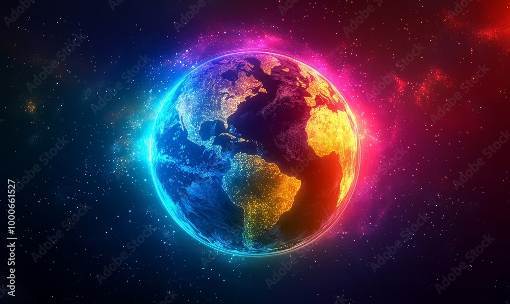 Naklejka premium Vibrant and colorful illustration of the Earth with a glowing, neon-like effect, symbolizing global connectivity, digital innovation, and creative representation of, Generative AI