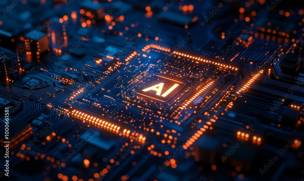 Obraz premium Futuristic neon-lit circuit board with Ethical AI text highlighting the importance of morality in artificial intelligence development, Generative AI