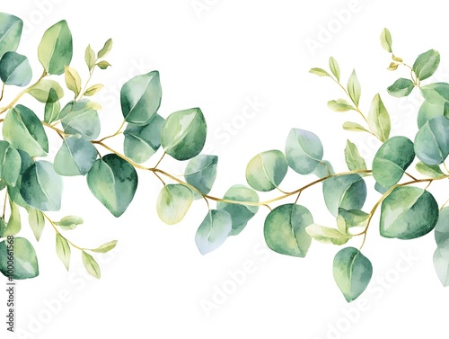 Watercolor eucalyptus garland frame isolated on a white background, a wedding decoration design with green leaves and yellow flowers. 