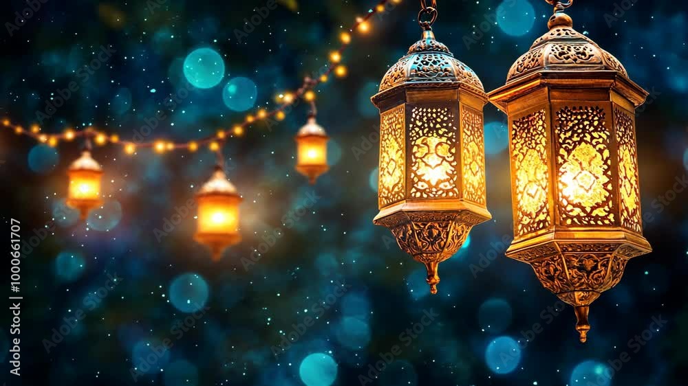 Two ornate lanterns glow brightly against a dark blue sky, decorated with twinkling lights and a bokeh effect Two ornate lanterns glow brightly against a dark blue sky, decorated with twinkling lights and a bokeh effect