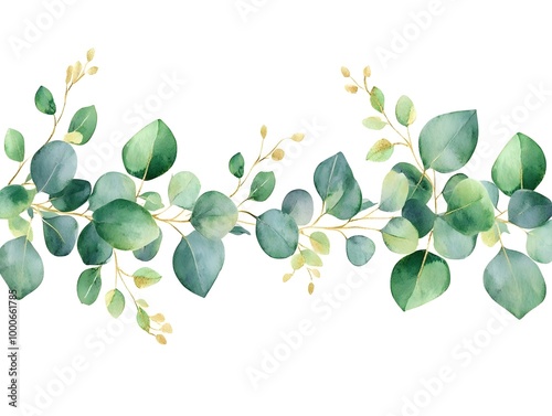 Watercolor eucalyptus garland frame isolated on a white background, a wedding decoration design with green leaves and yellow flowers. 
