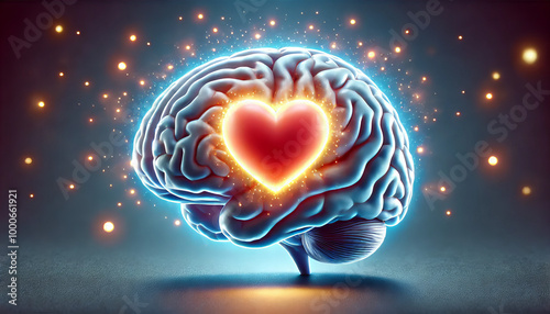 
This striking illustration features a detailed brain with a glowing heart either inside or near it, symbolizing the deep connection between emotions and brain function. The brain is intricately drawn