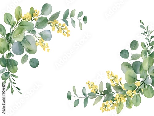 Watercolor eucalyptus garland frame isolated on a white background, a wedding decoration design with green leaves and yellow flowers. 