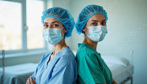 Confident Female Nurses Wearing Masks in Hospital Room