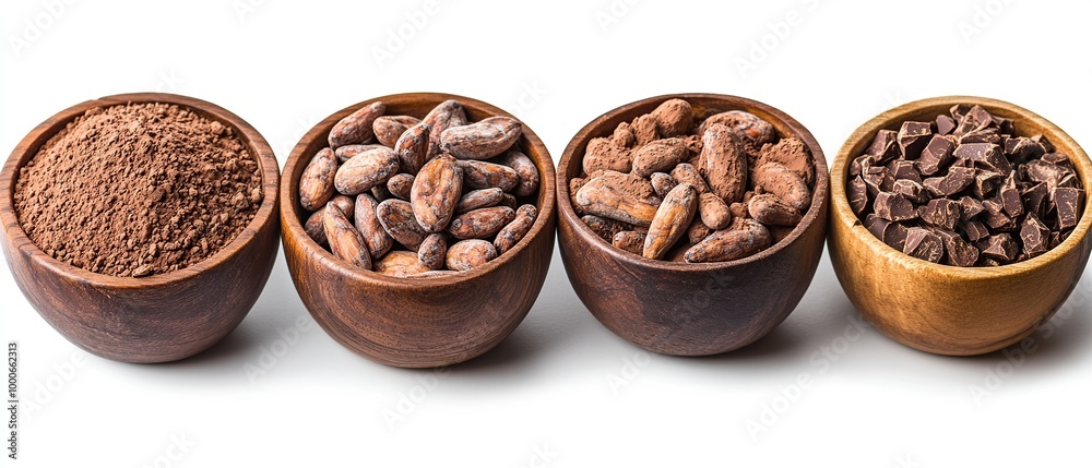 Cocoa beans, nibs, and powder in wooden bowls. Cocoa beans, nibs, and powder in wooden bowls.