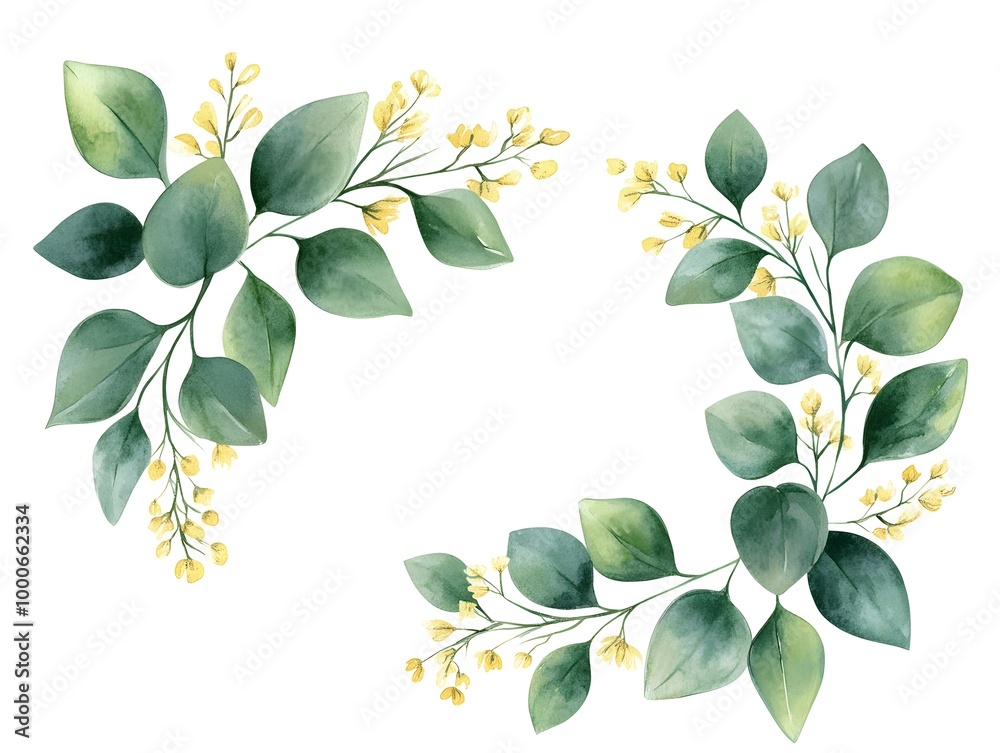 Watercolor eucalyptus garland frame isolated on a white background, a wedding decoration design with green leaves and yellow flowers. 