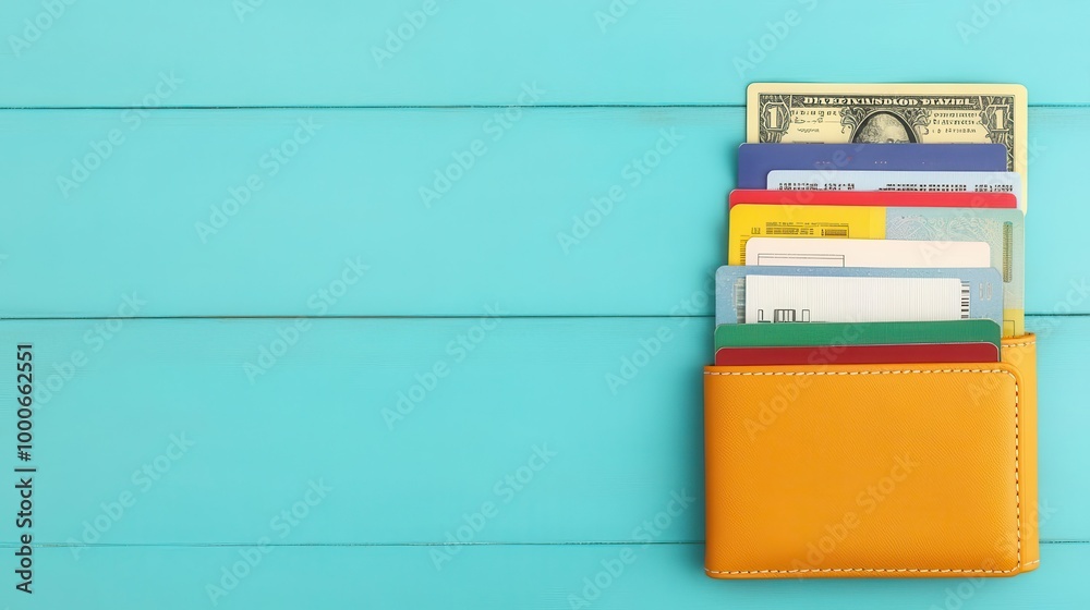 A flat lay of a travel wallet with multiple currencies, tickets, and boarding passes, travel wallet, currencies, tickets A flat lay of a travel wallet with multiple currencies, tickets, and boarding passes, travel wallet, currencies, tickets