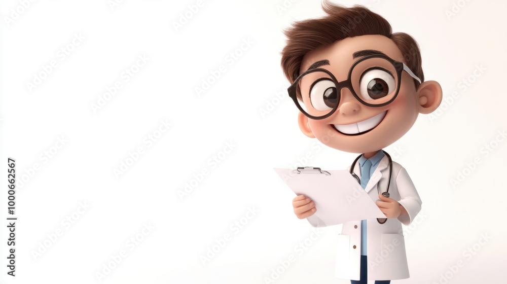 Adorable doctor character with a big smile, holding a medical report, isolated on a clean white background. Adorable doctor character with a big smile, holding a medical report, isolated on a clean white background.