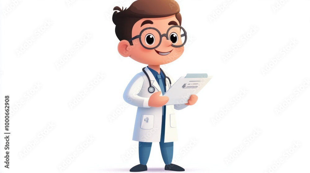 Cute cartoon doctor with a lab coat and stethoscope, holding a medical chart, isolated on a white background. Cute cartoon doctor with a lab coat and stethoscope, holding a medical chart, isolated on a white background.