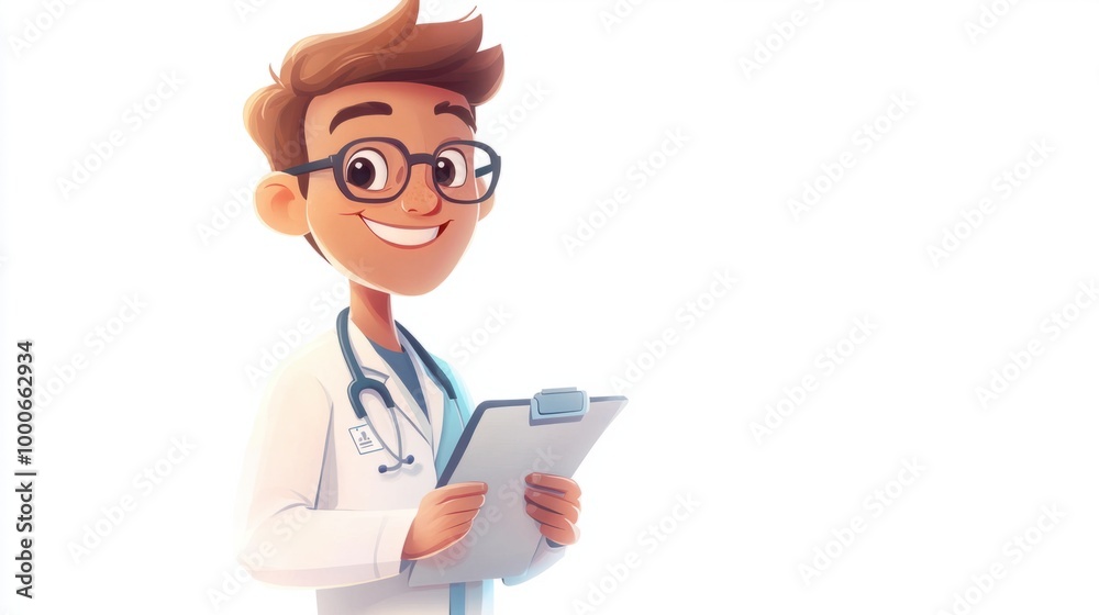 Cute cartoon doctor with glasses and a medical chart, smiling kindly, isolated on a clean white background. Cute cartoon doctor with glasses and a medical chart, smiling kindly, isolated on a clean white background.