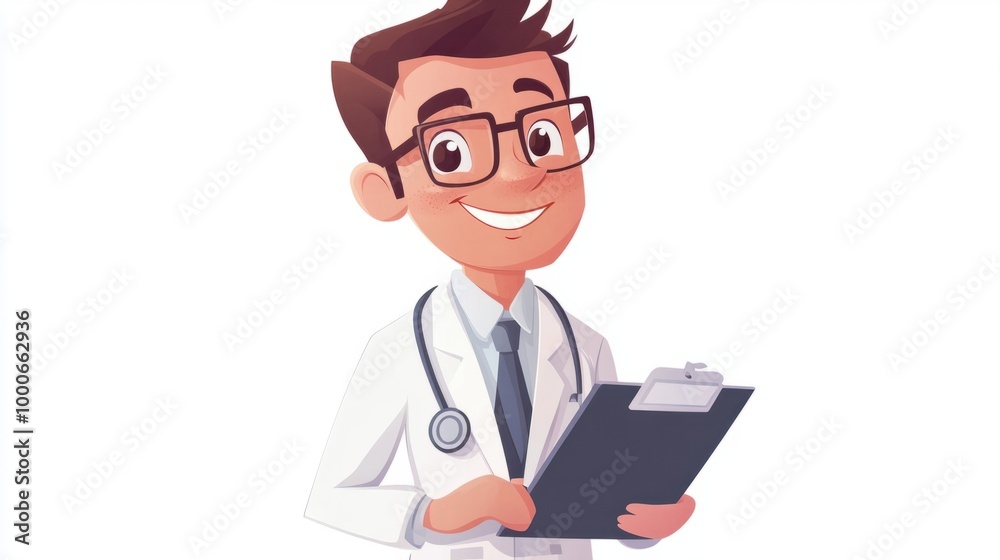 Cute cartoon doctor with glasses and a medical chart, smiling kindly, isolated on a clean white background. Cute cartoon doctor with glasses and a medical chart, smiling kindly, isolated on a clean white background.
