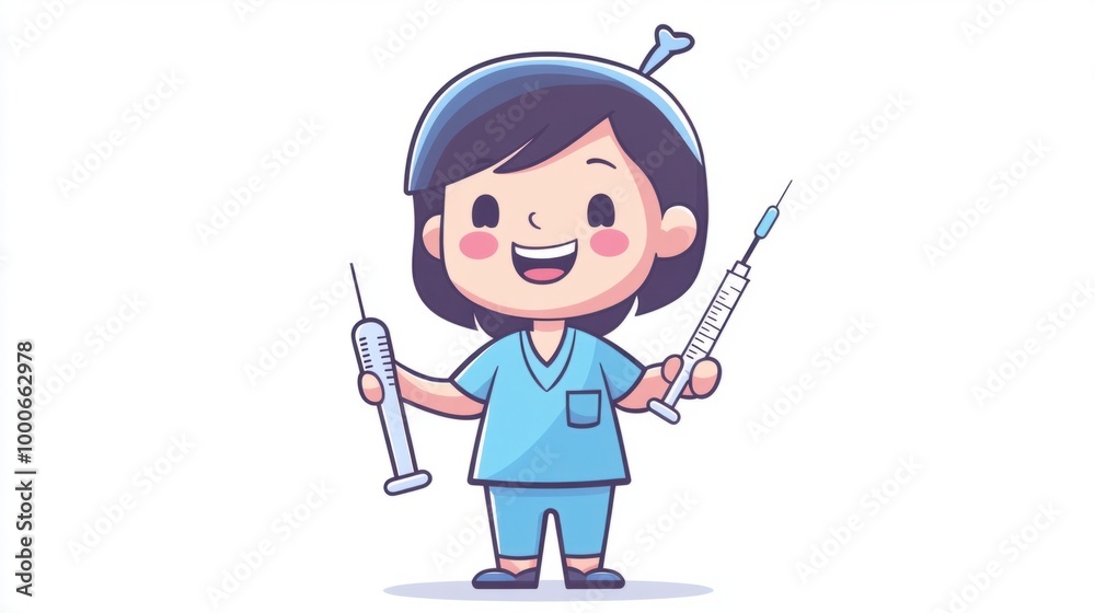 Cute doctor cartoon character in scrubs, holding a syringe and smiling happily, isolated on a white background. Cute doctor cartoon character in scrubs, holding a syringe and smiling happily, isolated on a white background.