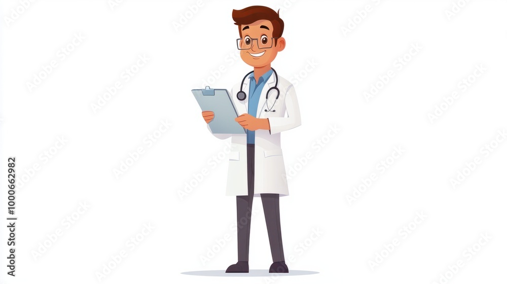 custom made wallpaper toronto digitalCute doctor cartoon character in a white coat, holding a medical chart, smiling confidently, isolated on a white background.