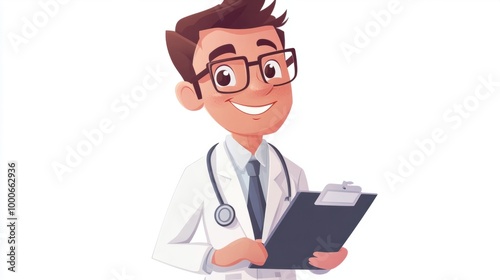 Cute cartoon doctor with glasses and a medical chart, smiling kindly, isolated on a clean white background.