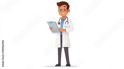 Wallpaper Mural Cute doctor cartoon character in a white coat, holding a medical chart, smiling confidently, isolated on a white background. Torontodigital.ca