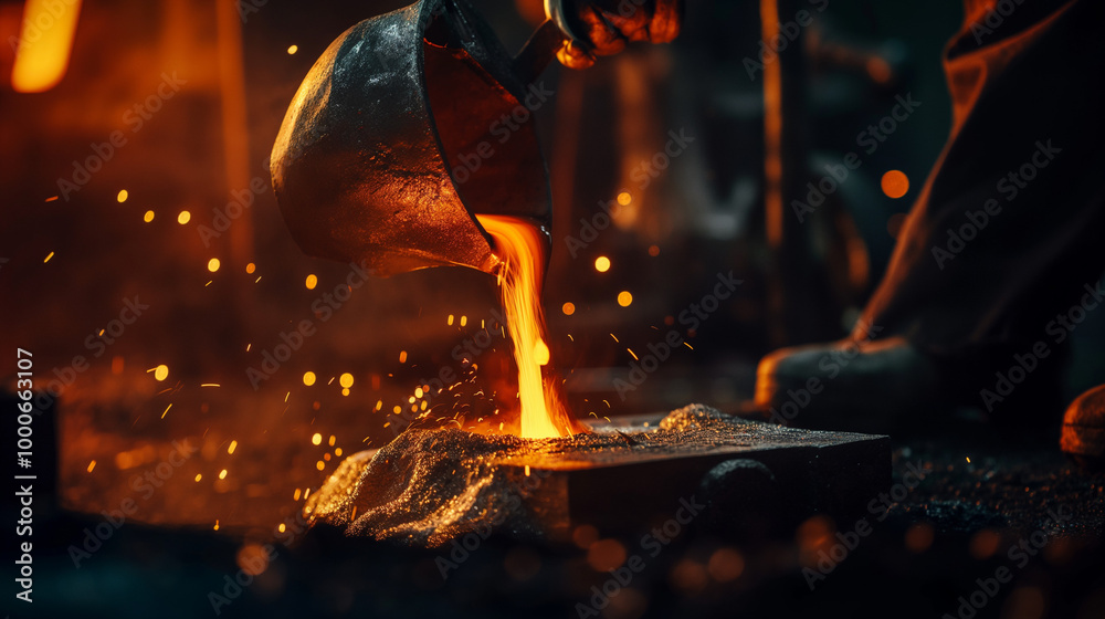 Foundry worker pouring molten metal into mold, capturing intense heat and precision of metalworking process with glowing liquid metal contrasting against dark industrial background. Foundry worker pouring molten metal into mold, capturing intense heat and precision of metalworking process with glowing liquid metal contrasting against dark industrial background.