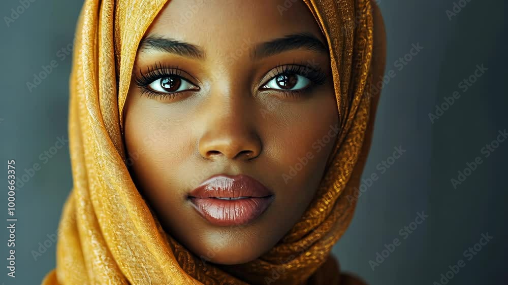 A woman wearing a gold hijab looks directly at the camera A woman wearing a gold hijab looks directly at the camera