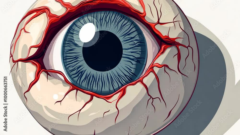 A close-up illustration of a large, blue eye with red blood vessels ...