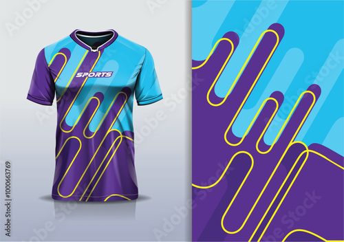 Sport jersey design template mockup curve line for football soccer, running, esports, blue purple gold color