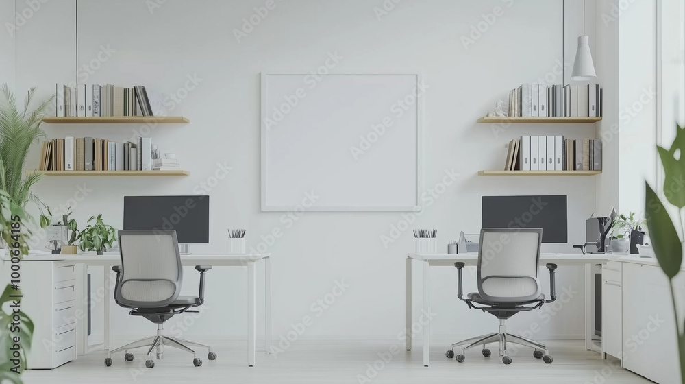 3D office with desks, chairs, blank poster frame. Minimalist style, natural light 3D office with desks, chairs, blank poster frame. Minimalist style, natural light
