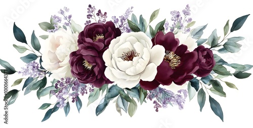 Watercolor floral bouquet, burgundy red and white flowers, peonies, roses, and lilac foliage with eucalyptus, isolated on a background,