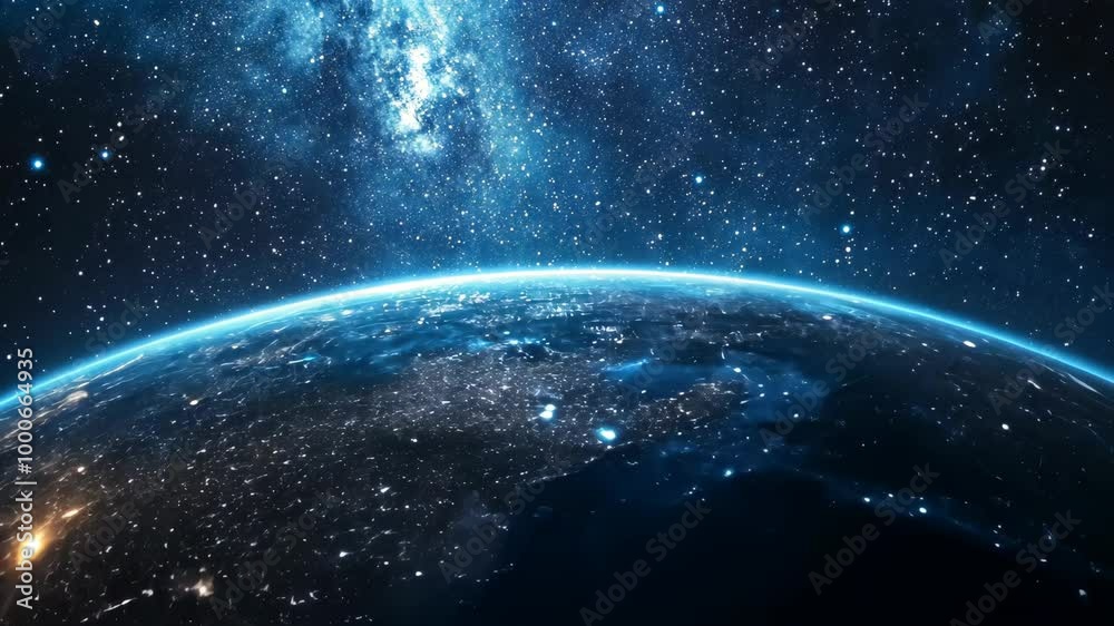 A stunning view of Earth from space, illuminated by city lights and the Milky Way
